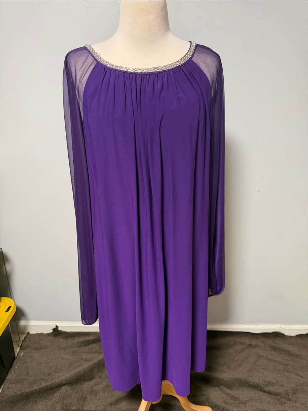 R&M Richards Purple Long Sleeve Beaded Neckline Dress